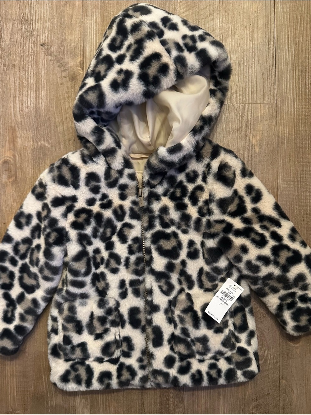 Old Navy Leopard Faux Fur Hooded Coat - Black & White